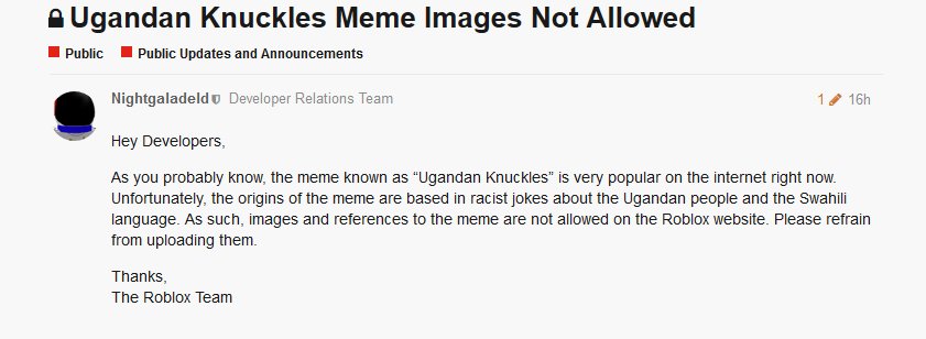 Roblox Devs Ban Ugandan Knuckles Meme For Being Racist - 