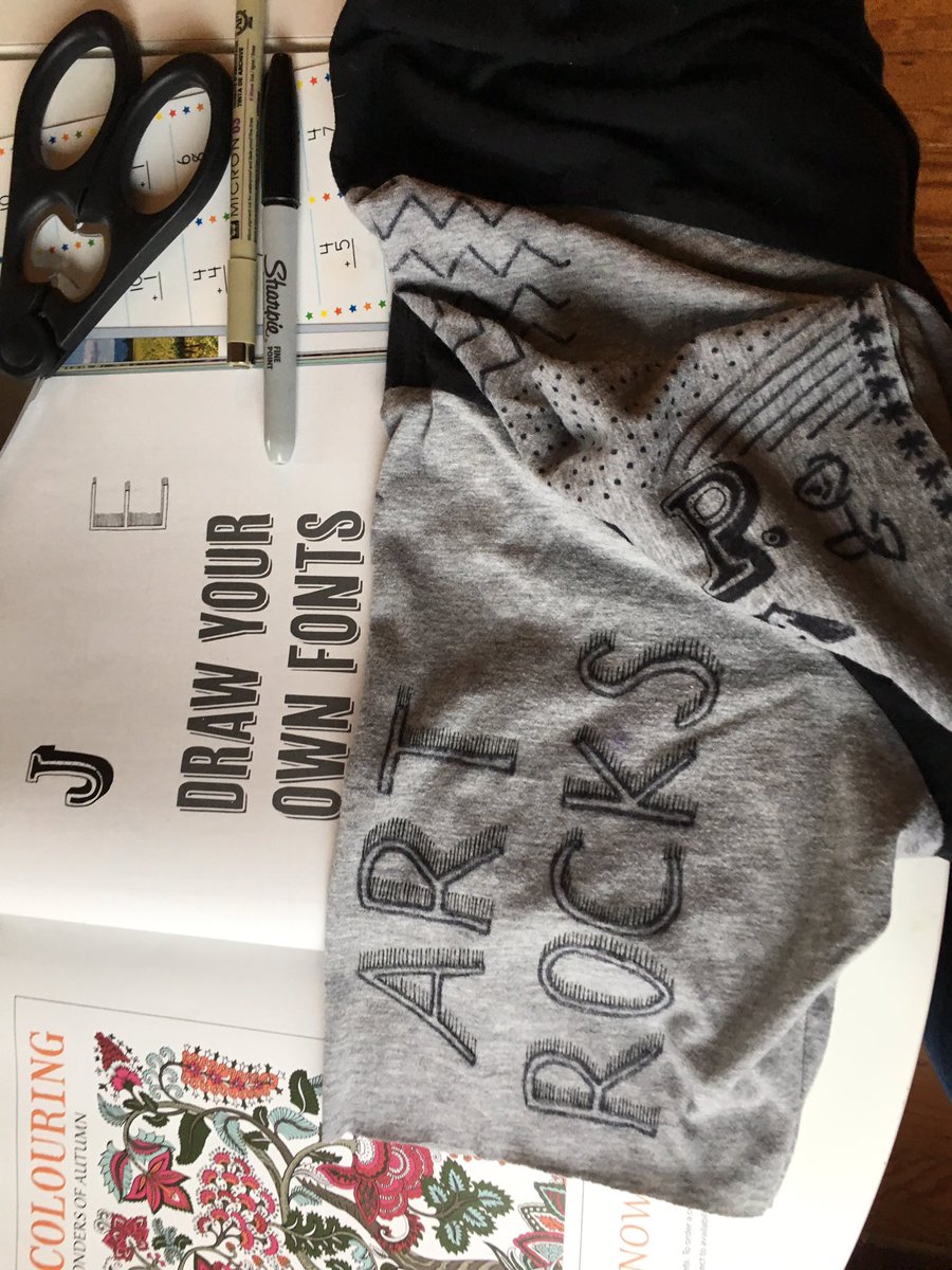 Thanks @JustBreatheMag for the fun fonts! Had a peaceful, creative Sat morning snazzying up my kiddo's art smock.