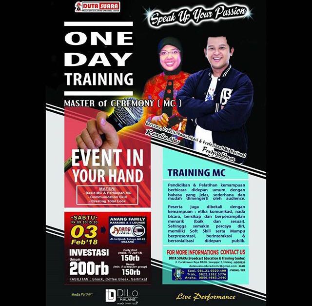 kamelia_abas's tweet image. Halo #Malang

Mau jadi MC profesional ?
Yuk ikut #OneDayTraining Master of Ceremony #DutaSuara
Bersama @fendyrakhman &amp;amp; @kamelia_abas 

Info &amp;amp; Pendaftaran :

Soni : 08121 6020 499 
Titik : 0822 3382 5776
Ancha : 0856 4663 2440
