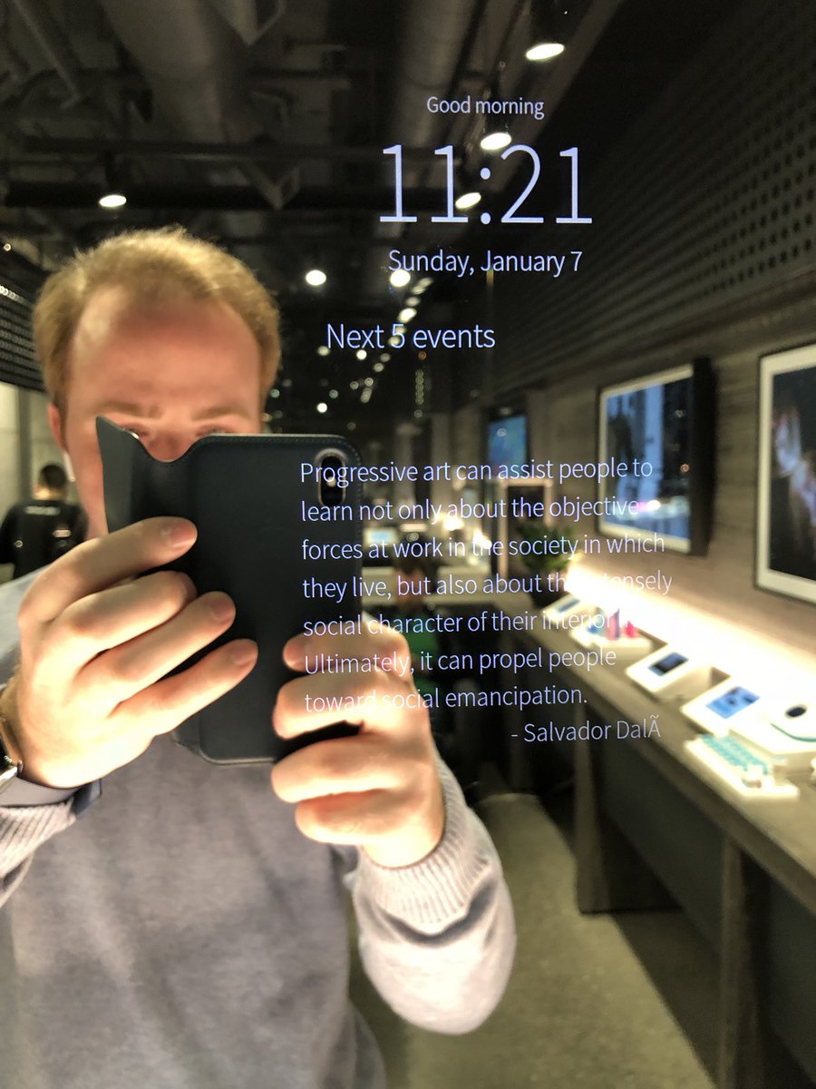 Mirror with embedded display showing character encoding error “DalÃ”