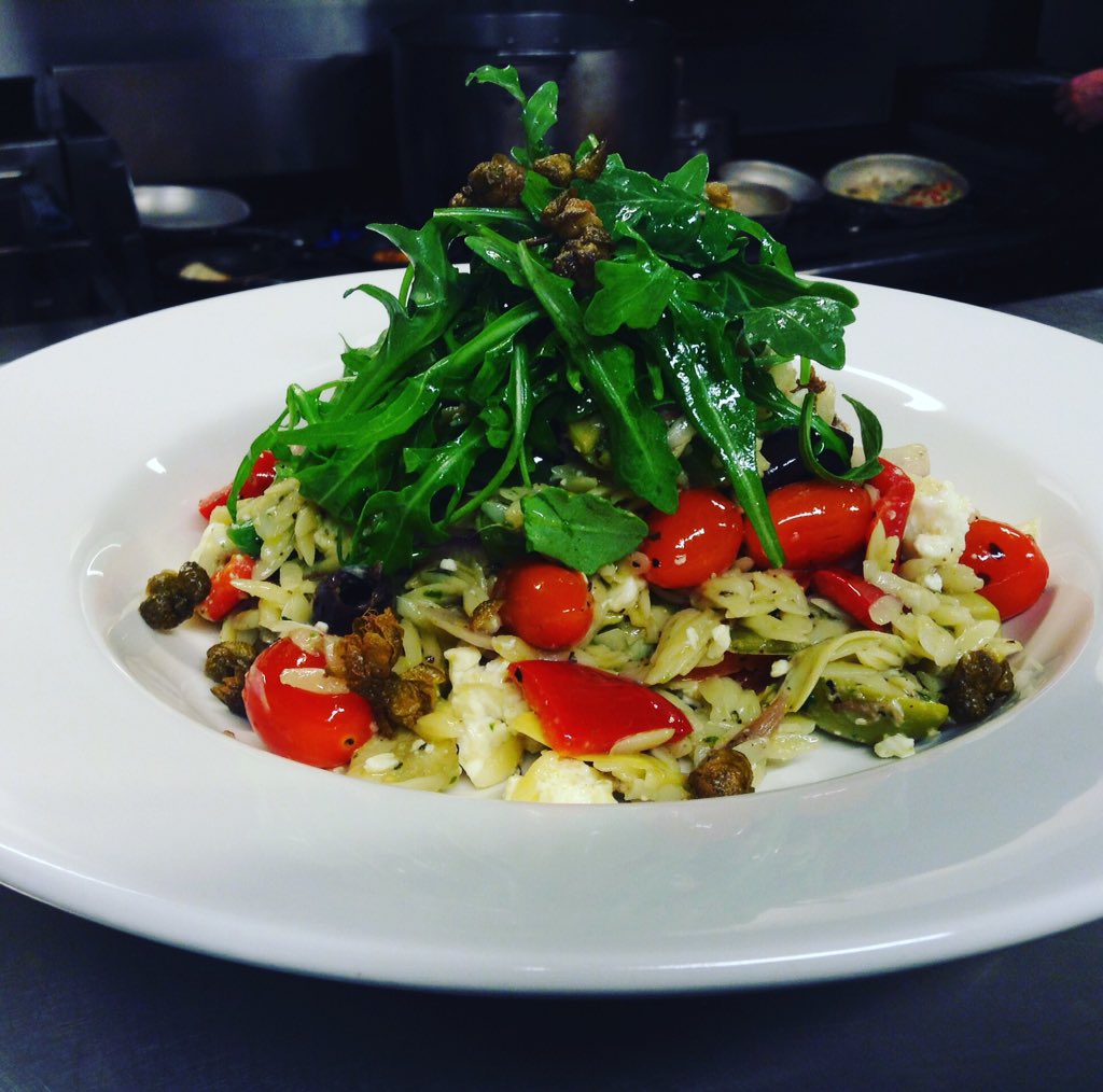 BubbysKitchen's tweet photo. Tonight's dinner feature Orzo with grape tomatoes, olives, feta, peppers, lamb, artichoke hearts and deep fried caper berries #yyjdinner #lamb #cookstreetvillage #comfortfood https://t.co/LByrhNhJfS