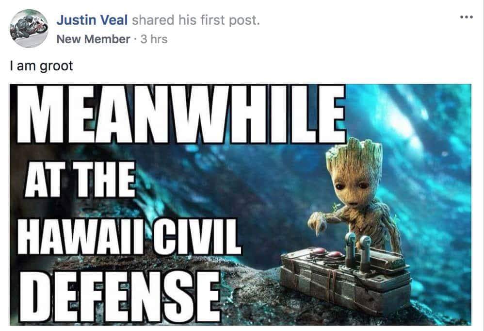 KyrieAndrews's tweet photo. This is the funniest thing I've seen today! #EmergencyAlertFail #HawaiiIsSafe #IAmGroot #Marvel https://t.co/tyUxUj2f9E