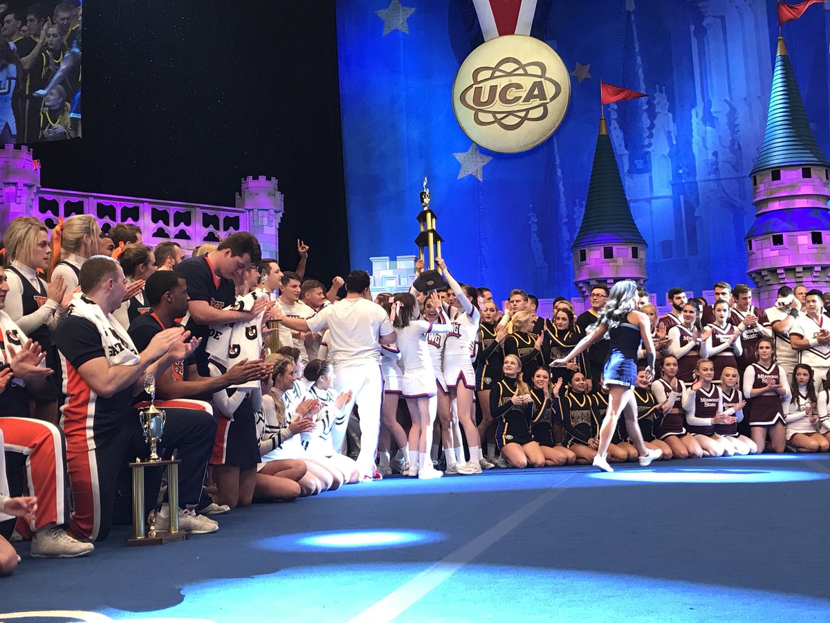 UCAupdates's tweet photo. Hey! How bout them wolves! Congratulations to the #UCAnationals Champions 🥁🥁🥁 West Georgia Coed! 🔴💙🐺! https://t.co/MURNbB1syg