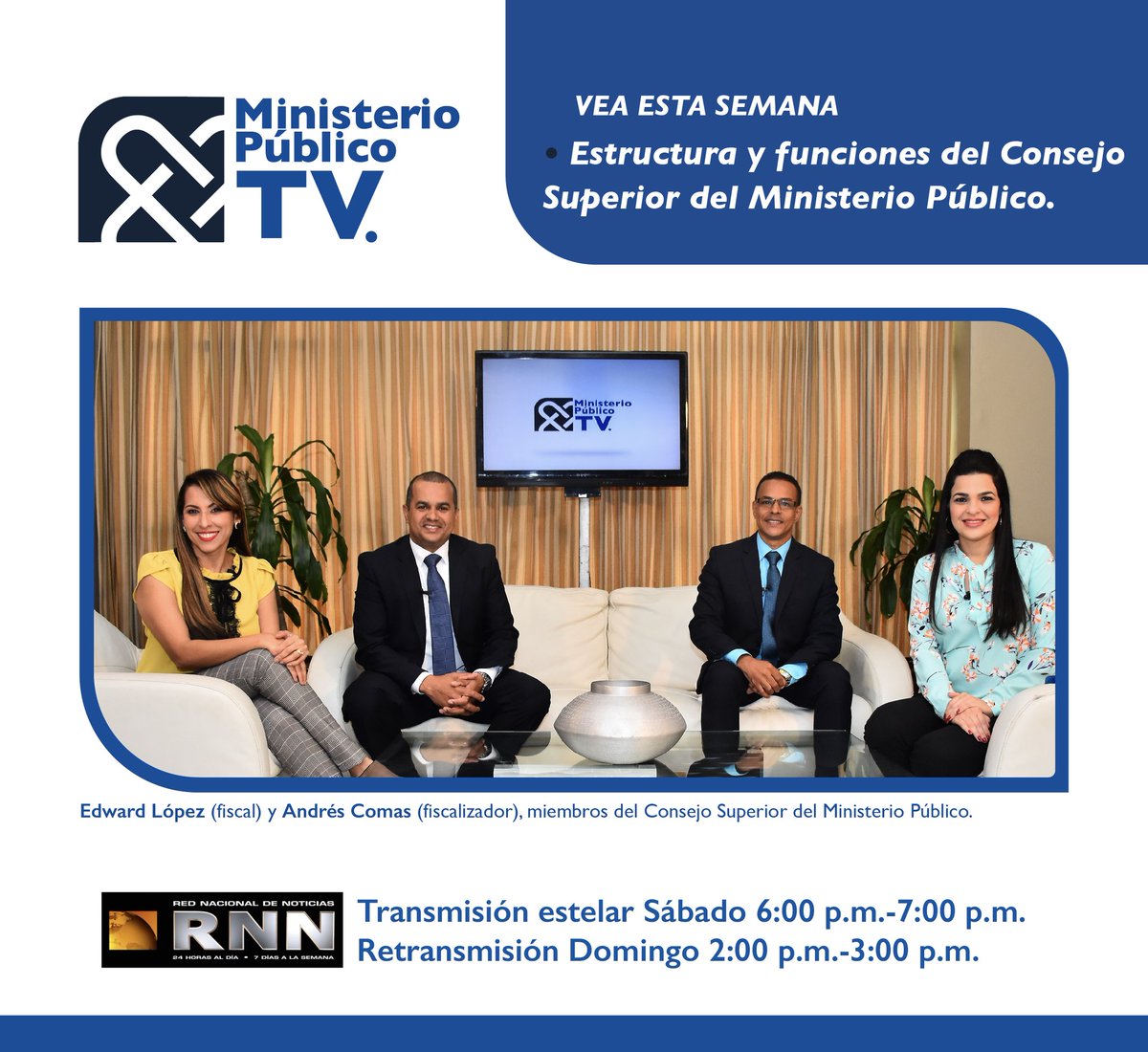 ProcuraduriaRD's tweet photo. Ahora en entrevista central de tu programa #MinisterioPúblicoTV, tenemos una conversación muy interesante con los miembros del Consejo Superior del Ministerio Público, #EdwardLópez y #AndrésComas sobre la estructura y las funciones de este órgano institucional. https://t.co/TcVlmNRQey