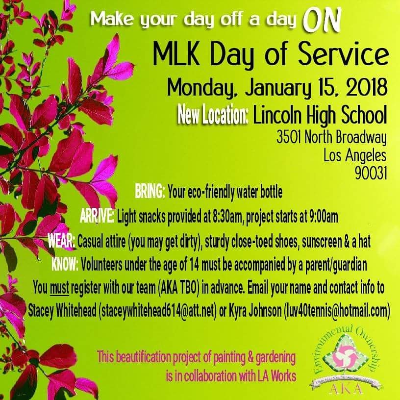 AKA_TBO's tweet photo. Join us & LA DreamWorks to restore and beautify Lincoln High School. Please register with Team AKA TBO prior to coming.
#MLKDayOfService #AKAImpactDay #DREAMers #MakeItADayOn #EnvironmentalOwnership #AKA1908 #AKAFWR #TBΩ https://t.co/NMqylkPY2f