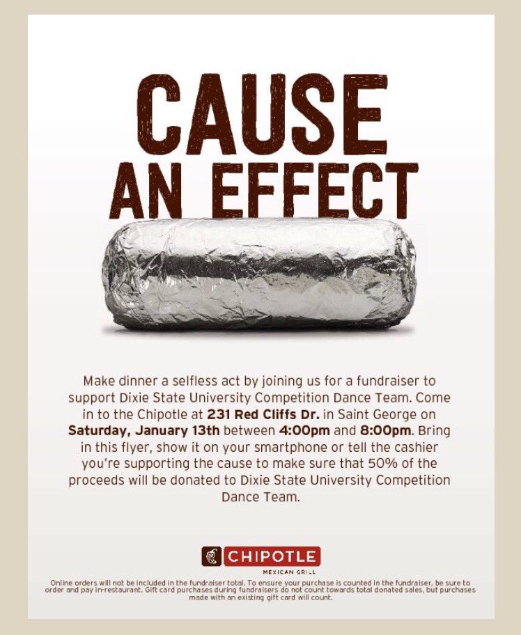 DanceDsu's tweet photo. Chips and Guac for a cause!! go to chipotle and mention the DSU competition dance team and we will love you forever 😉 https://t.co/jGEAlskAlJ