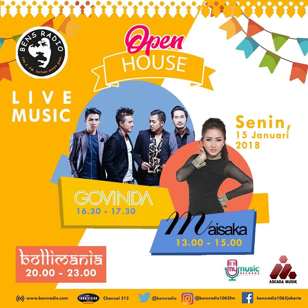bensradio1062fm's tweet photo. OPEN HOUSE CIPUTAT hari ini Senin 15 Januari 2018 yang menampilkan @GovindaOfficial  @maisaka26 dan Parade Komunitas Bollymania. Dateng yeeee.... Acara dimulai jam 13.00 - 23.00 Wib GRATIS!!!!!! #openhouse #BensCiputat #betawipunyagaye https://t.co/Uvop4JaBeg
