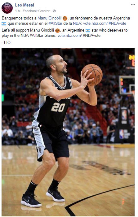 No lo decimos nosotros, lo dice Messi. ¿No le vas a hacer caso? #NBAVote Manu Ginobili. ¡Cada RT es un voto!