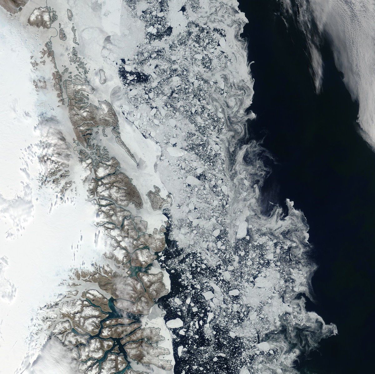 I can never get enough of these awesome MODIS images. Here sea ice in the Greenland Sea is broken into small floes by waves and moved by winds and currents into lovely wisps. I want to model this.