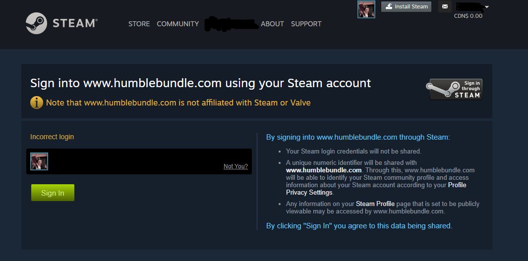 SkipFranken's tweet photo. @humblesupport I am unable to link my steam account. I try to link and get an incorrect login message even tho i am logged into steam on my chrome browser. https://t.co/Tm4lQYzLgP