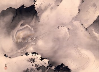 乱雲から顔をのぞかせる龍の姿を墨と金泥で描いた横山大観《龍》(山種