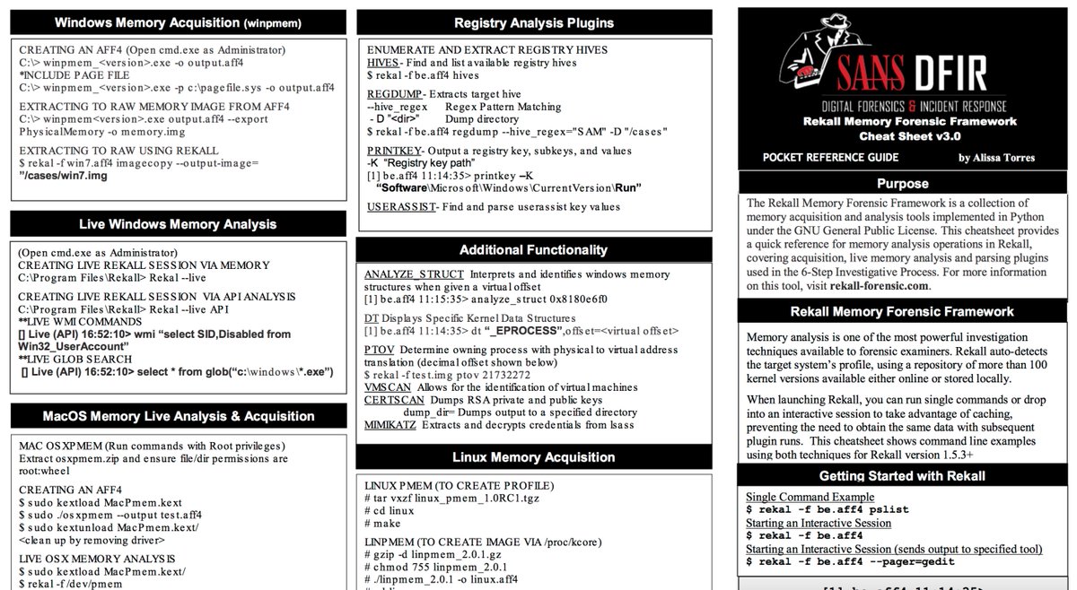Sans Institute On Twitter New Rekall Cheat Sheet By For526 Memory Forensics In Depth Course Co Author Sibertor Is Out Download It Here Https T Co Qrogixjuqt Https T Co Yv4e2ry0mh