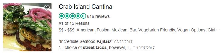 Did you know Crab Island Cantina is the #1 Mexican restaurant in Destin on <a href="/TripAdvisor/">Tripadvisor</a> ? 
Enjoy daily specials, happy hour from 3-6pm and Sunday brunch. 

Explore the Menu! -->> bit.ly/2ECZHE7