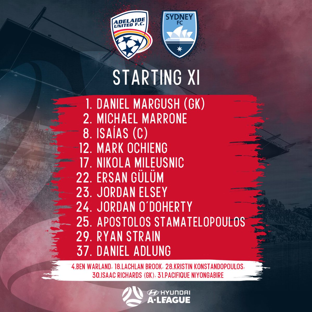 Daniel Adlung returns to the starting line up! @ApostolosStama makes his starting debut, <a href="/markochieng13/">Mark Ochieng</a> comes into the XI and <a href="/BenWarland1/">Ben Warland</a> moves to the bench. #AUFC #ADLvSYD
