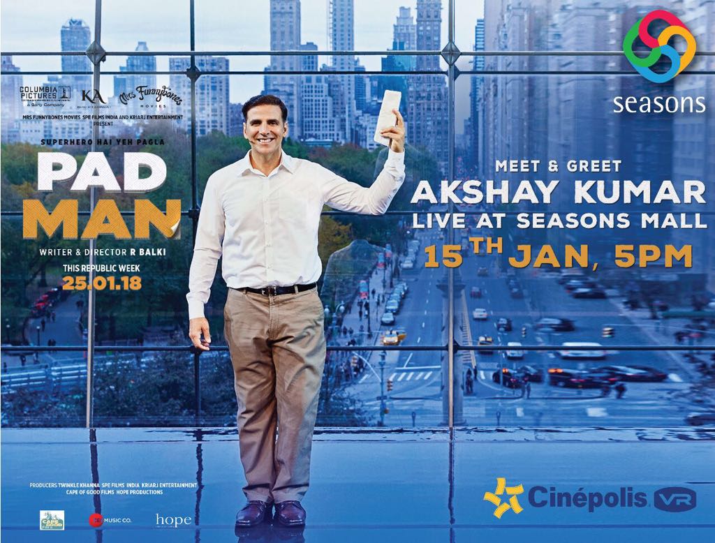 PadManTheFilm's tweet photo. A chance for people in Pune to meet our Superhero! Head over to Seasons Mall, Pune tomorrow at 5 pm for a chance to meet and greet.

@akshaykumar @sonamakapoor @radhika_apte @mrsfunnybones @SonyPicsIndia @kriarj #RBalki https://t.co/Ab7UPgjLa8