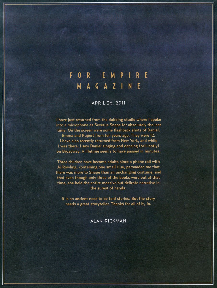empiremagazine's tweet image. We lost Alan Rickman two years ago today. Here's the letter he wrote after completing his work on the Harry Potter films: