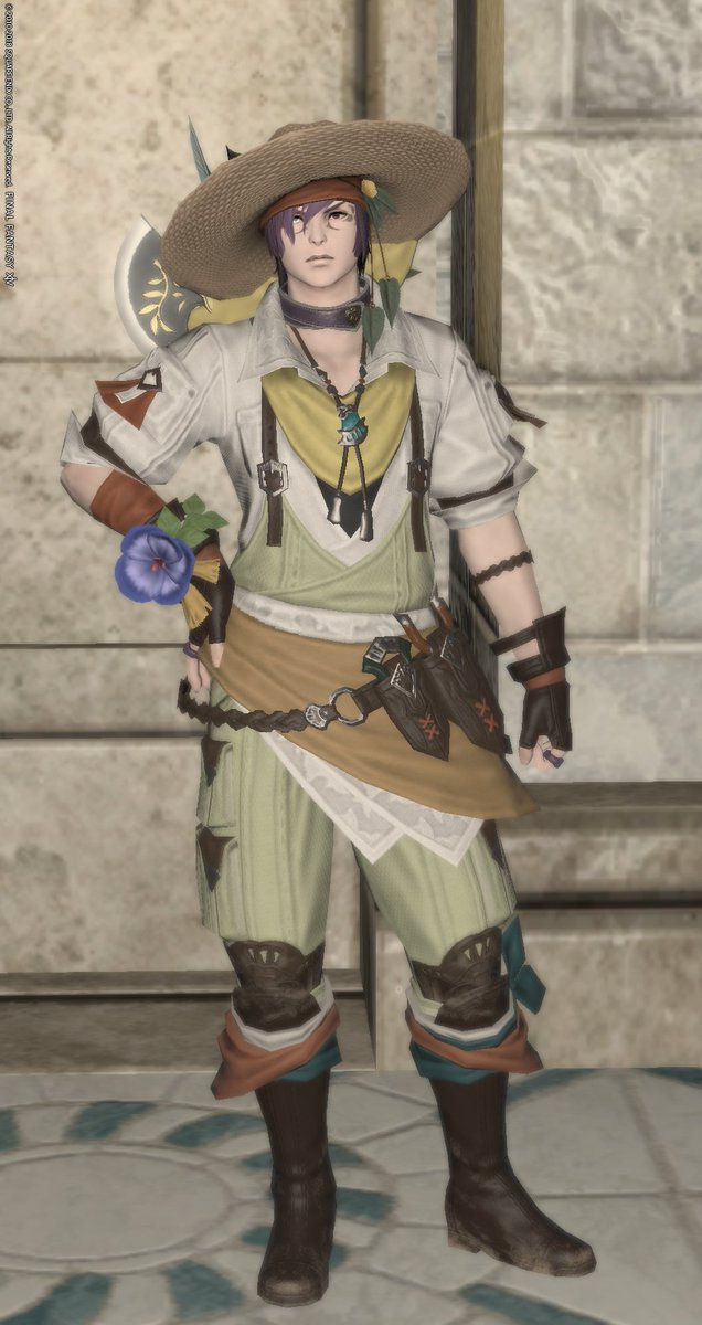 紫リューサン Ixion鯖 採掘師の60青貨装備 フィールドキープ シロちゃん頼りで一式集まったので ご査証ください 装備品は染色可 アクセ 主道具 副道具は染色不可 至る所にお花が咲き 帽子には鳥まであしらわれたファンシー仕様 Ff14 本日