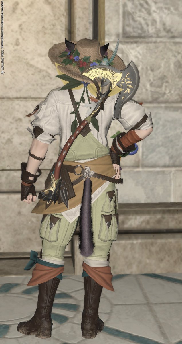 紫リューサン Ixion鯖 採掘師の60青貨装備 フィールドキープ シロちゃん頼りで一式集まったので ご査証ください 装備品は染色可 アクセ 主道具 副道具は染色不可 至る所にお花が咲き 帽子には鳥まであしらわれたファンシー仕様 Ff14 本日