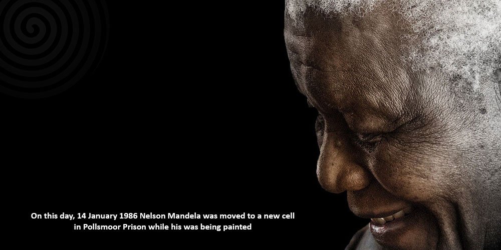 NelsonMandela's tweet image. On this day, 14 January 1986 #NelsonMandela was moved to a new cell in Pollsmoor Prison while his was being painted