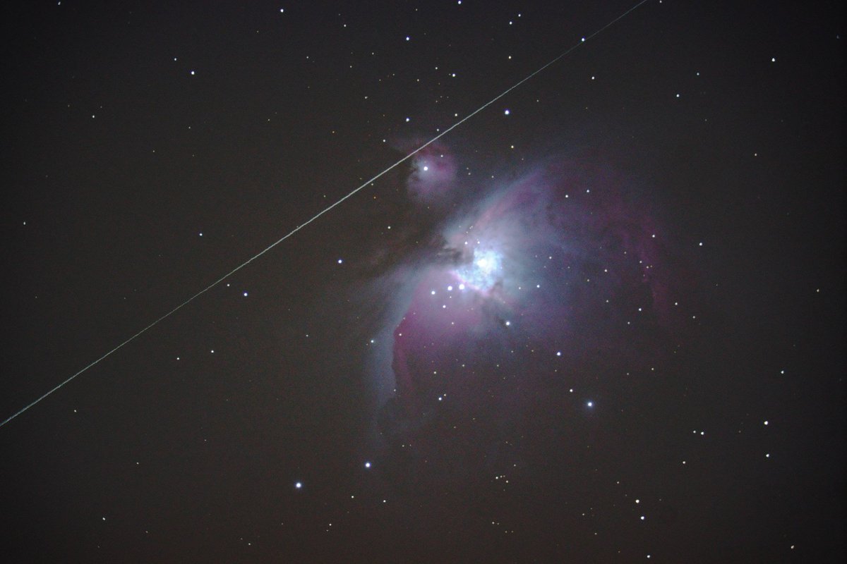 Got lots of imaging tonight. Got this 30 second shot of M42 Orion Nebula with the C8/Alpha 6K/focal reducer, the meteor shot right through!