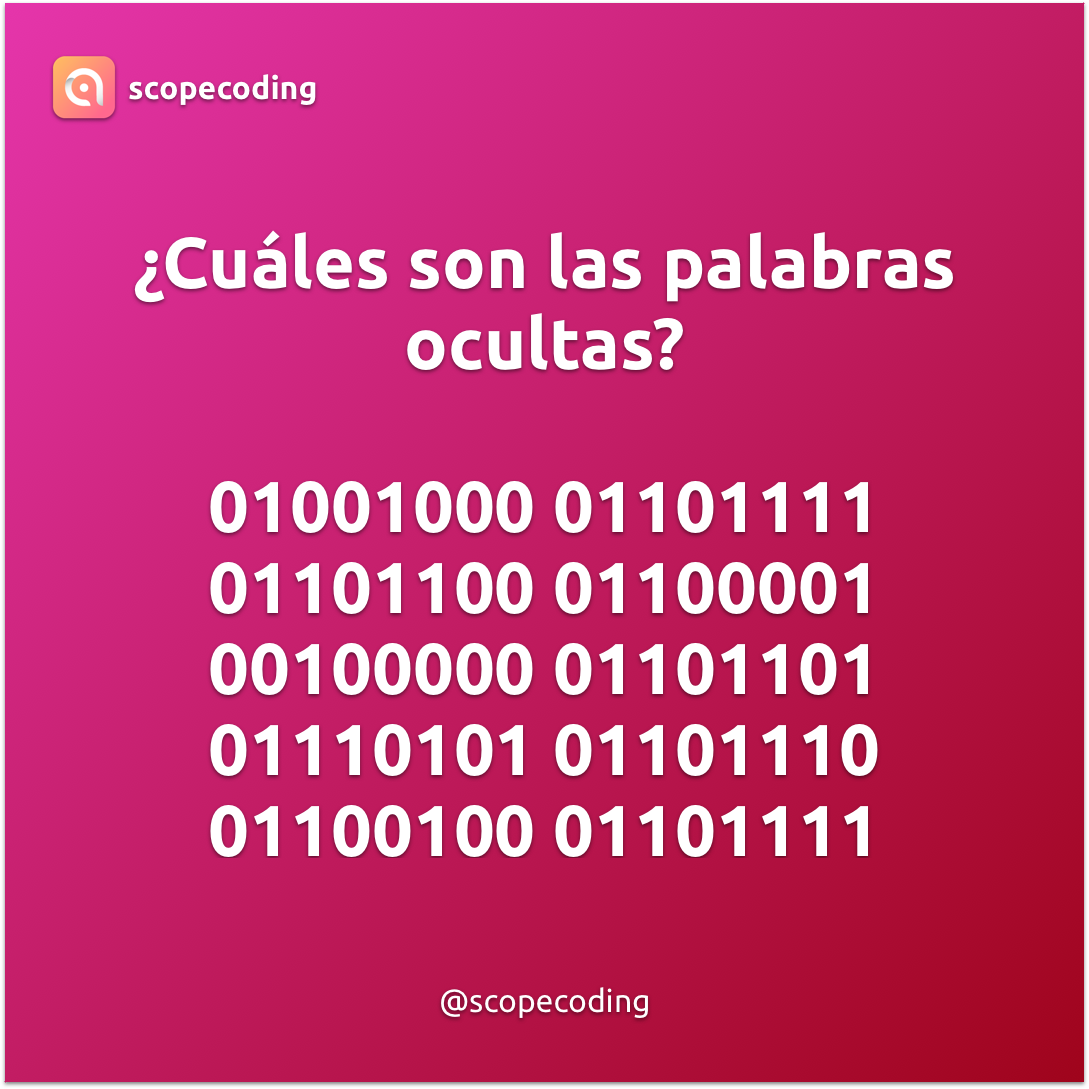 scopecoding's tweet photo. Adivina las palabras ocultas - the hidden words 🙌
#binary #binarycode #coding #codinglife #codingisfun #coder #coderlife #programmer #programmers #programmerslife #programmerlife #programming #programmings #programminglife #code #codeismylife #developer #developers #ios #Xcode https://t.co/uHT7RLlCZt