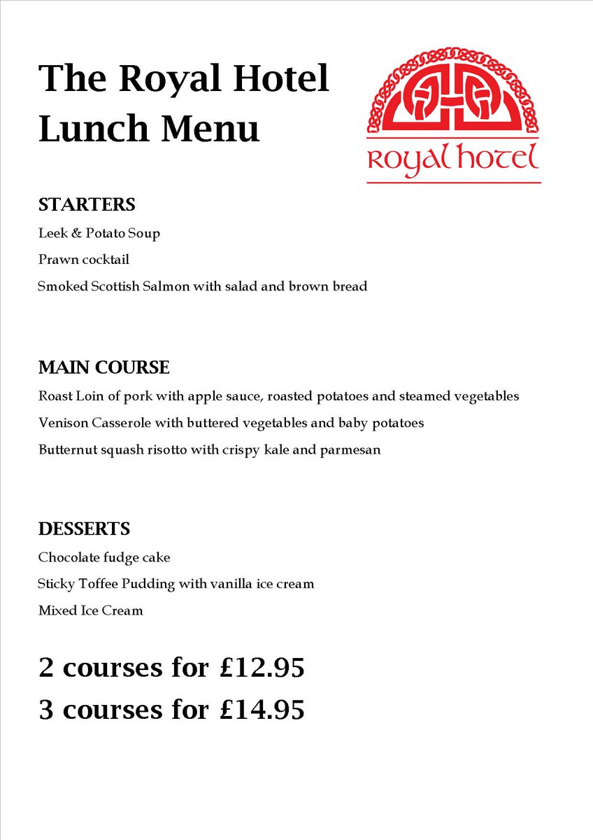 Enjoy Sunday lunch at the Royal Hotel with 3 fantastic courses on offer for just £14.95. Served 12:00 - 3:00pm in the Well Plaid restaurant. #lunch #isleofskye #portree #roast #food