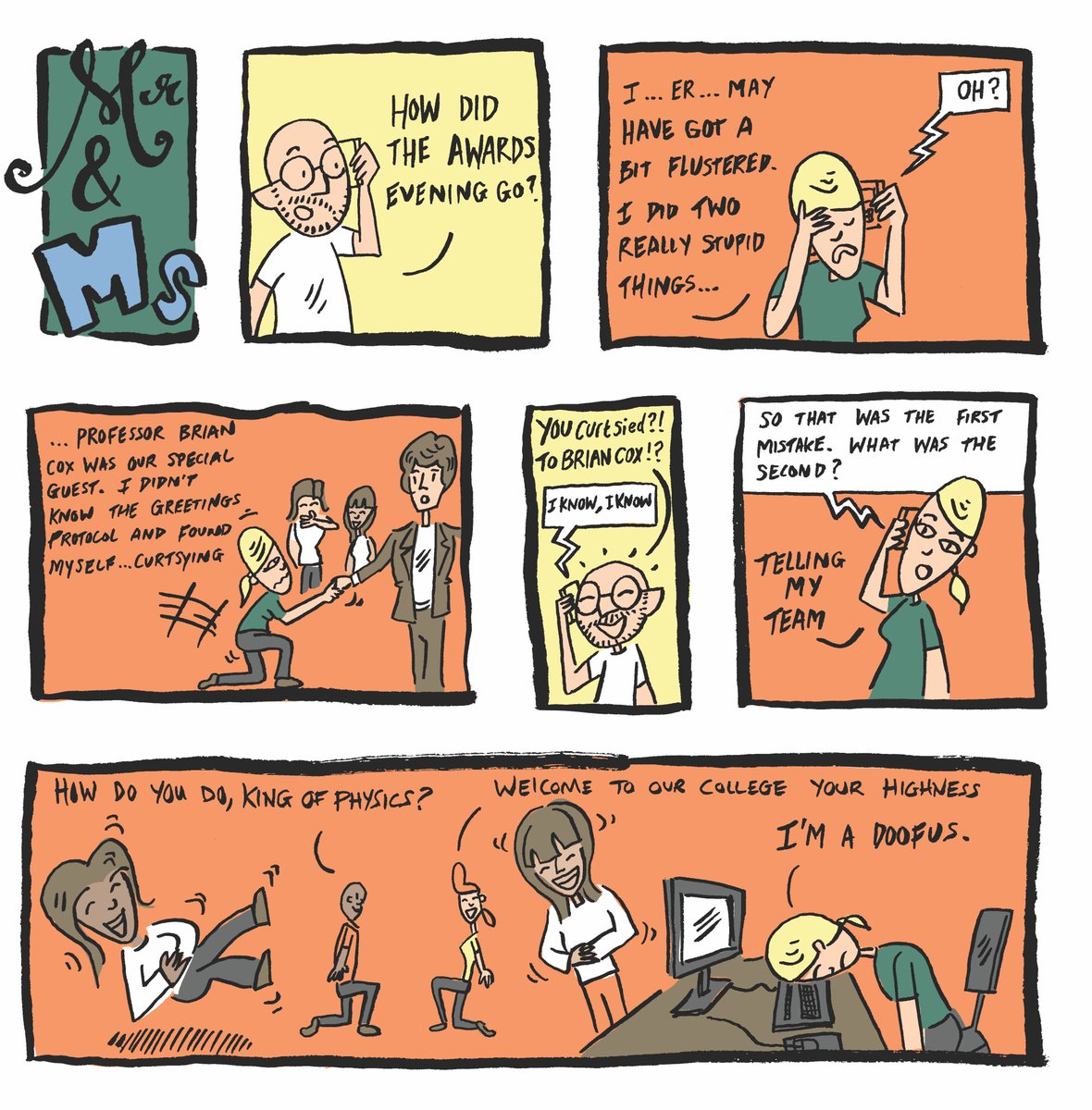 After five hard-working years as the Marketing &amp; Events Manager at Redbridge College, this is what my team remember best about me - my mortifying encounter with <a href="/ProfBrianCox/">Brian Cox</a>. Art by <a href="/jonwellstead77/">Jonathan wellstead</a> 
#webcomic #sundaymorning #finestmoment #mrandmscomic #briancox