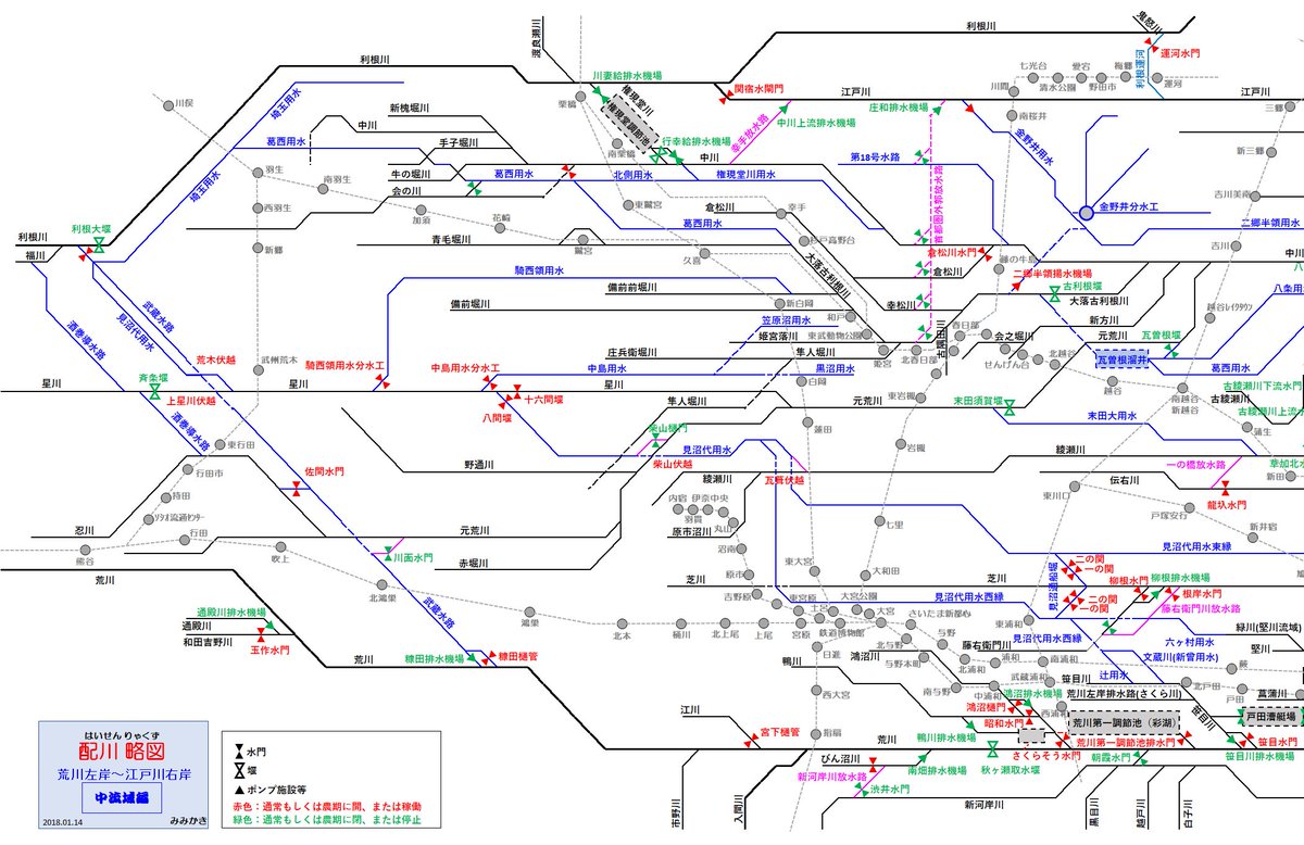 cygnus_wing's tweet photo. 荒川～江戸川間の主要な河川と水路を鉄道の配線略図風に描いてみました。
「配川略図」
１枚目：荒川左岸～江戸川間右岸、中流域
２枚目：荒川左岸～江戸川間右岸、下流域 https://t.co/yr7eZQ0J69