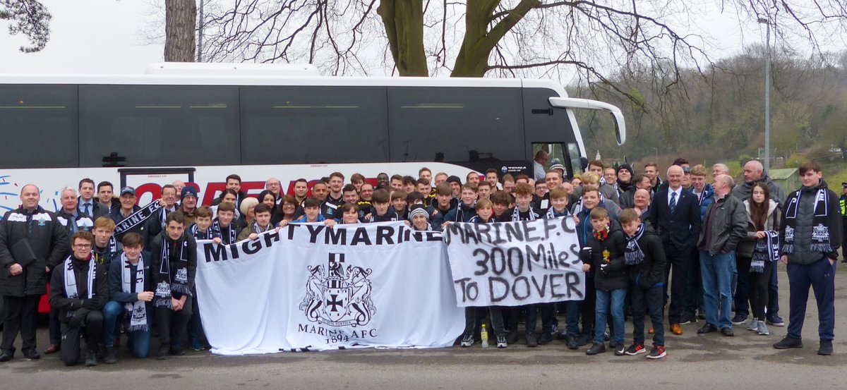 SusanNugent2's tweet image. The travelling faithful on the official @MarineAFC players coach &amp;amp; our fabulous teen fans who made the 600 mile plus journey on the @msacommittee coach with their homemade flag &amp;amp; the flag so generously donated by @pmccormack50 @marineultras @NonLeagueCrowd #doverinaday #classfans