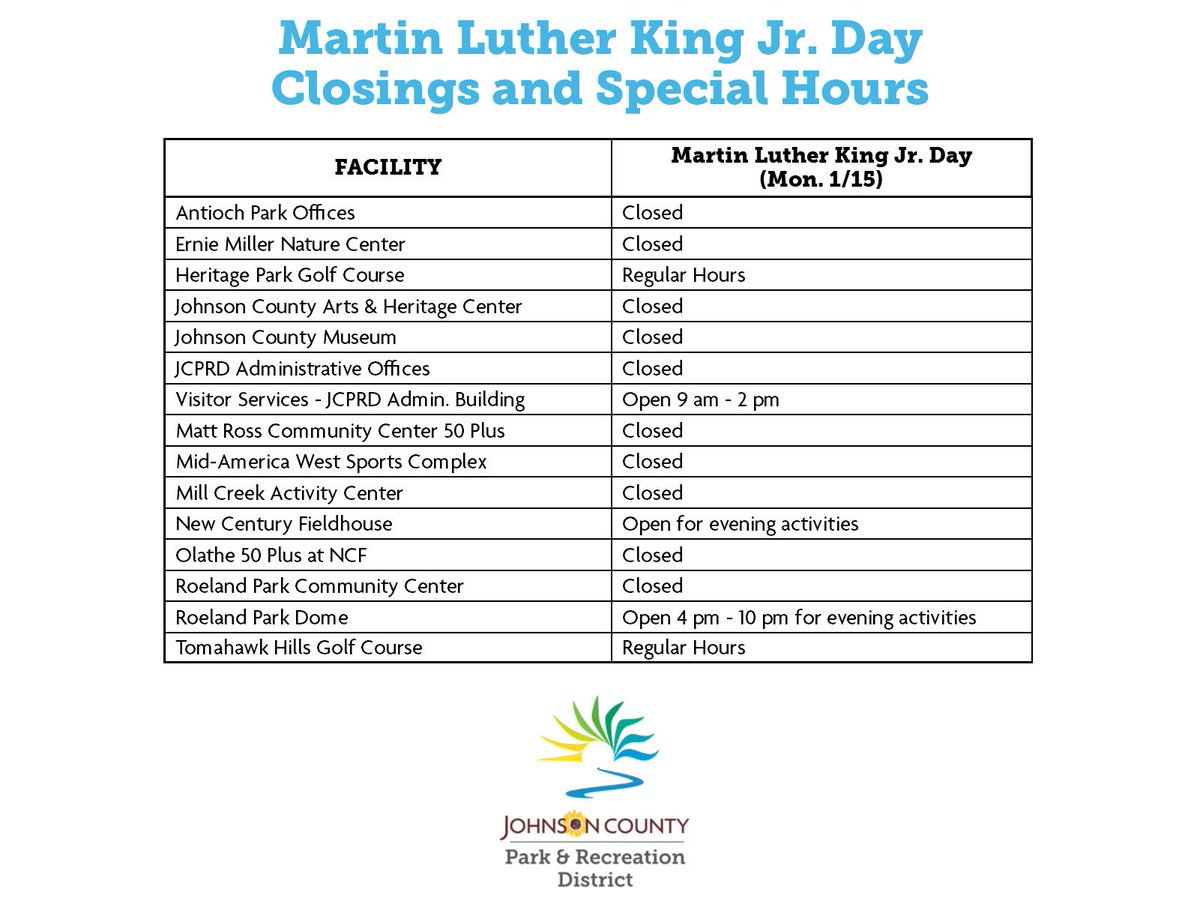 TTIPofficial's tweet photo. Many of our facilities will be closed for the Martin Luther King Jr. holiday on Monday! Our parks will still be wide open and would love to see you! https://t.co/L5L7QoslRo