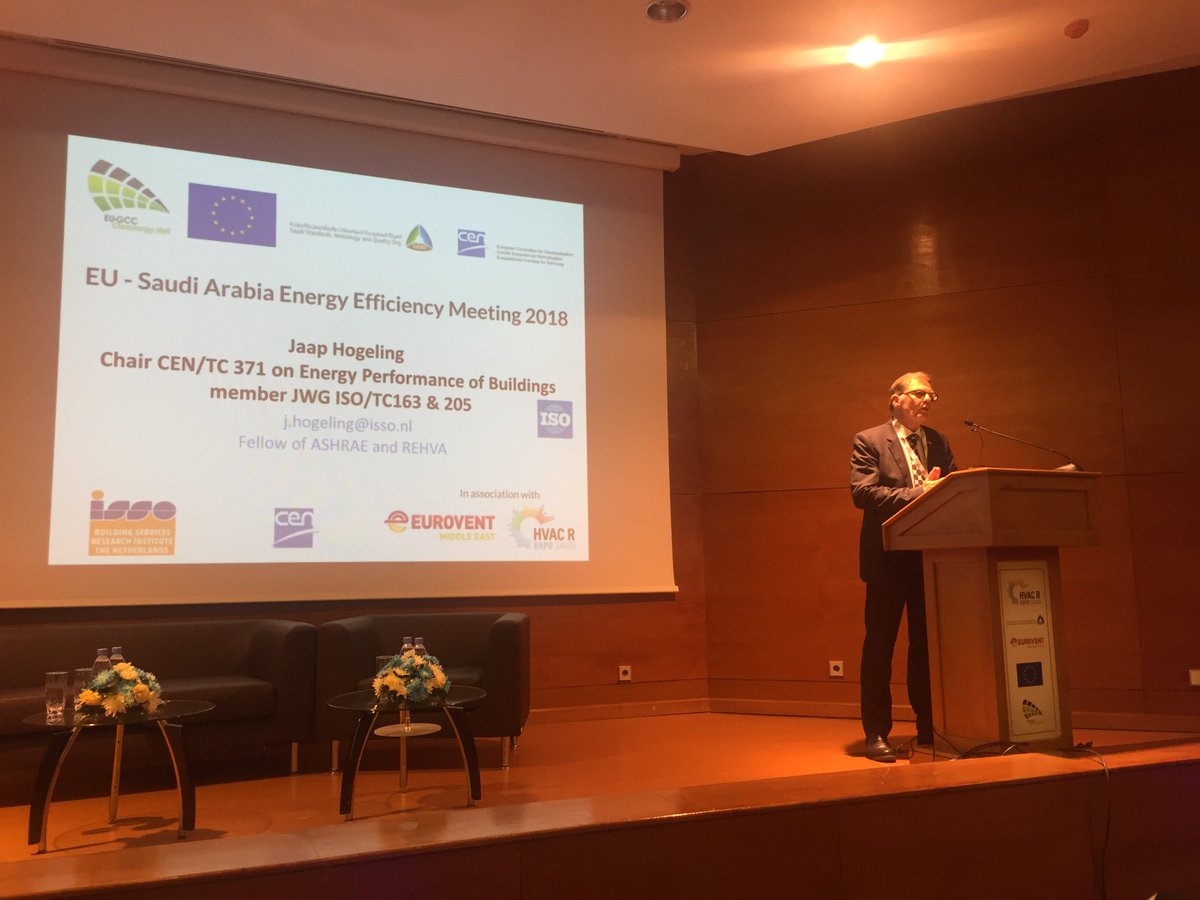 The European #standardization model: Standards supporting free circulation of goods in the #EU and beyond (600 million #consumers) says Jaap Hogeling, 
Chair CEN/TC 371 on Energy Performance of Buildings at the EU - Saudi Arabia #EnergyEfficiency2018 Meeting in #Jeddah