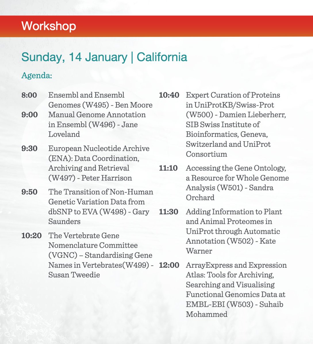 emblebi's tweet image. Good morning, #PAGXXVI! Why not swing by the California room for our workshop on #genomeannotation resources? See our line-up, with star appearances from colleagues at @ensembl @ensemblgenomes @evaarchive @enasequence @uniprot @arrayexpress @expressionatlas and @news4go