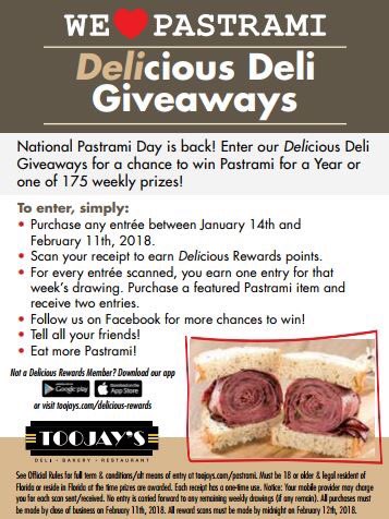 therealToojays's tweet image. It’s finally here! To celebrate #NationalPastramiDay, we are introducing Delicious Deli Giveaways! 🎉😋 

This is your chance to win Pastrami for a Year or one of 175 weekly prizes through February 11. 

More info: toojays.com/wp-content/upl…