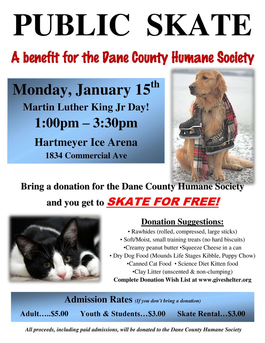 Skate for free on Monday, January 15 from 1-3:30 pm at Hartmeyer Ice Arena if you bring a donation for DCHS! ow.ly/uEyF30hyBCO 
#humanesociety #iceskating #fundraiser #adoptdontshop