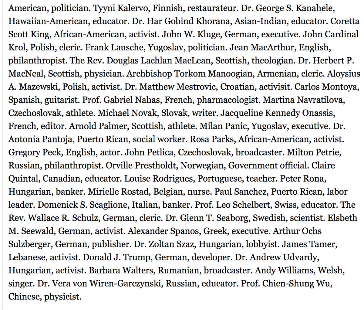 And the list was huge. Though Trump's defenders keep singling out Trump and Rosa Parks as co-winners of the award, there were in fact EIGHTY different recipients that year, from a wide range of ethnic and racial backgrounds.