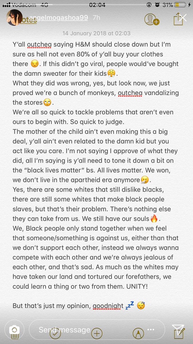 queannetatumcs's tweet photo. Donโt agree with everything but the majority of what she says is ACCURATE !!! Letโs give this girl a round of applause... worth reading ๐คซ#EFFprotest #hmProtest #HMHoodie #monkeyhoodie @hm you donโt need to justify yourselves. @angelmogashoa18 https://t.co/lchTyVa6An