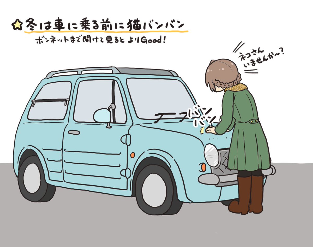 ふーみん 冬は車に乗る前にボンネットをバンバンして ネコさんがいないか確認しましょう エンジンルームは暖かいので ネコさんが潜り込んでいることがあります ボンネットを開けて見るとよりgoodです 猫バンバン ネコ美也 アイドル投票tb