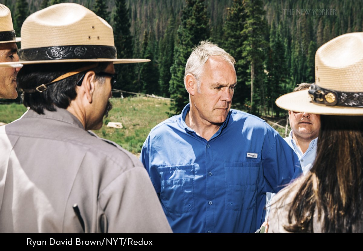 NewYorker's tweet photo. Among all of Trump's appointees, the Secretary of the Interior Ryan Zinke manages to stand out for the damage he is doing: https://t.co/mGSlNN9TzW https://t.co/b4WolDvb4W