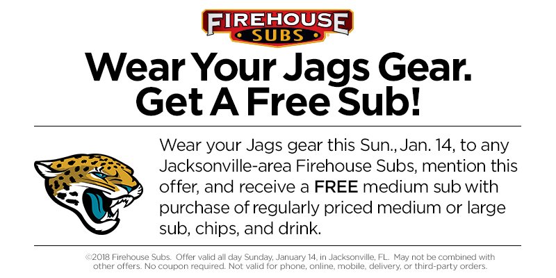 FirehouseSubs's tweet photo. @jaguars fans, wear your #Jaguars gear TODAY to any Jax area Firehouse Subs and enjoy this special offer! #BecausePlayoffs https://t.co/7GroJ07k8X