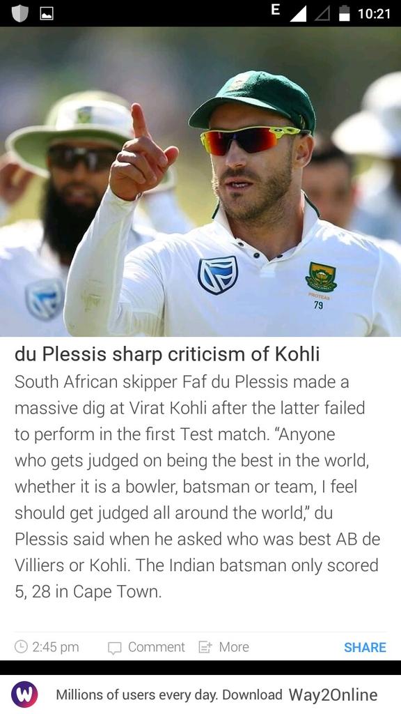 V.KingOHLI 85* 

Faf @faf1307 , I hope you got better answer for your comments by this innings of king.

@imVkohli 💪💪 #viratian #INDvSA
