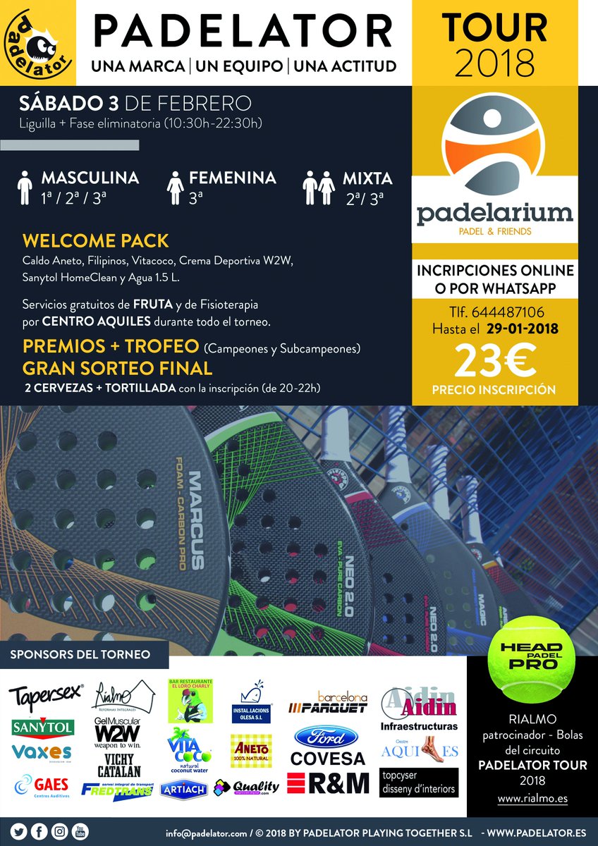 1r EVENTO <a href="/padelator/">Padelator</a> TOUR 2018 en @padelarium el 3 de FEBRERO.
>>>>Apúntate aquí: goo.gl/forms/RNUvfDd4… …<<<<