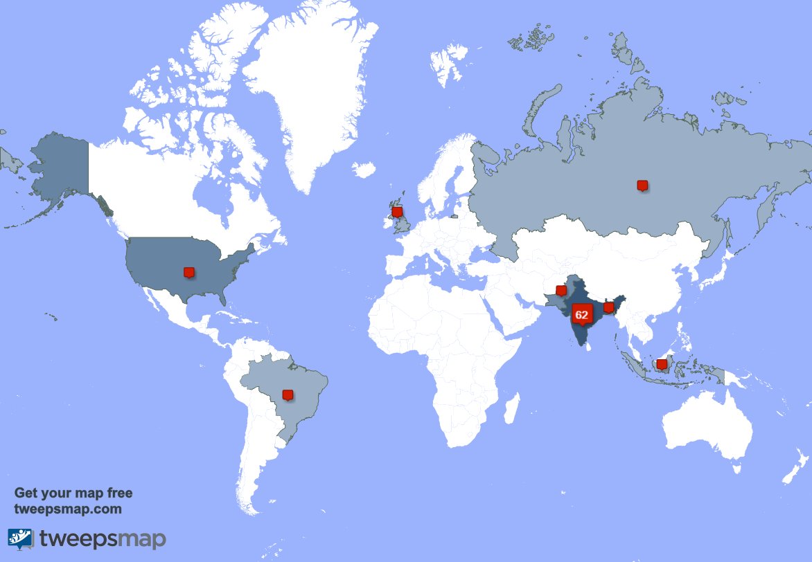 YounGeeeee4's tweet photo. My followers are in India(61%), USA(12%)... Get your map too: https://t.co/Rf7APrXJ4y https://t.co/UT4z0bbuiR