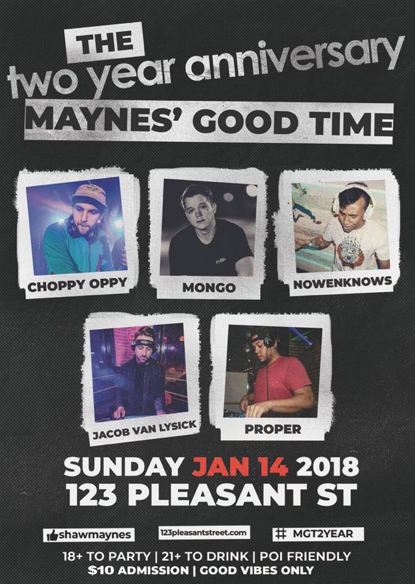 123pleasant's tweet photo. RT if you kick it with @Shawmaynes homies!! Tonight celebrate 2 years of "Good Times" with Shawmaynes. DJ sets from Baltimore's Choppy Oppy and the MGT OG lineup. Taco to the Hand kitchen will be open. $10. 21&amp;up to drink. 9PM @Choppy_Oppy @marshjarv @DJnOwenknows @jacoblysick https://t.co/w8dwV1LQ4s
