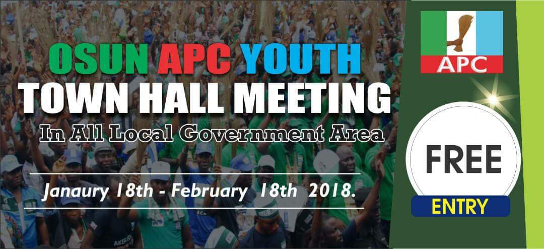 Monshur001's tweet photo. Time to discuss is now!

@OSUN_APC is calling all youths of our party&amp;supporters to 'TOWN HALL MEETING'.
Official representatives are coming to your local government to hear your view.

Be prepared!

@alabiwale29 @tripleropo @raufaregbesola @Mr_JAGs @abdkabir @DrSRJ_ @APCNigeria https://t.co/wS7h2sY8im