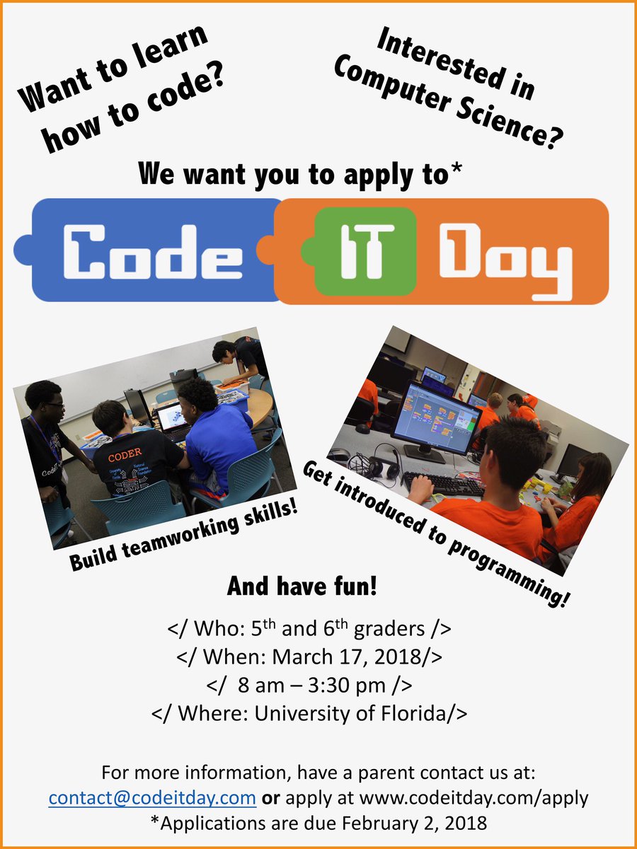 codeitday's tweet image. And we’re back! If you know any 5th or 6th graders, have their parents head over to CodeItDay.com/apply #CodeITDay18