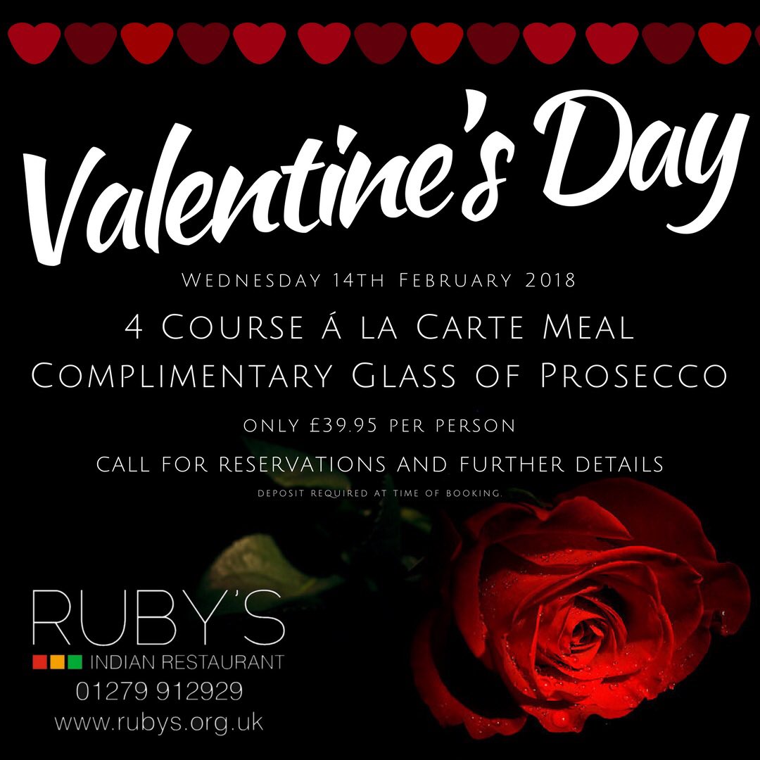 ♥️ Valentines Day ♥️ Enjoy a complimentary glass of prosecco with your meal at Ruby’s Restaurant on Wed 14 Feb ♥️

☎️ 01279 912929
rubys.org.uk

#rubysrestaurant #valentinesday #14feb❤ #bishopsstortford #lovecurry #lovefoood😍 #stortfordhour #where2eat2