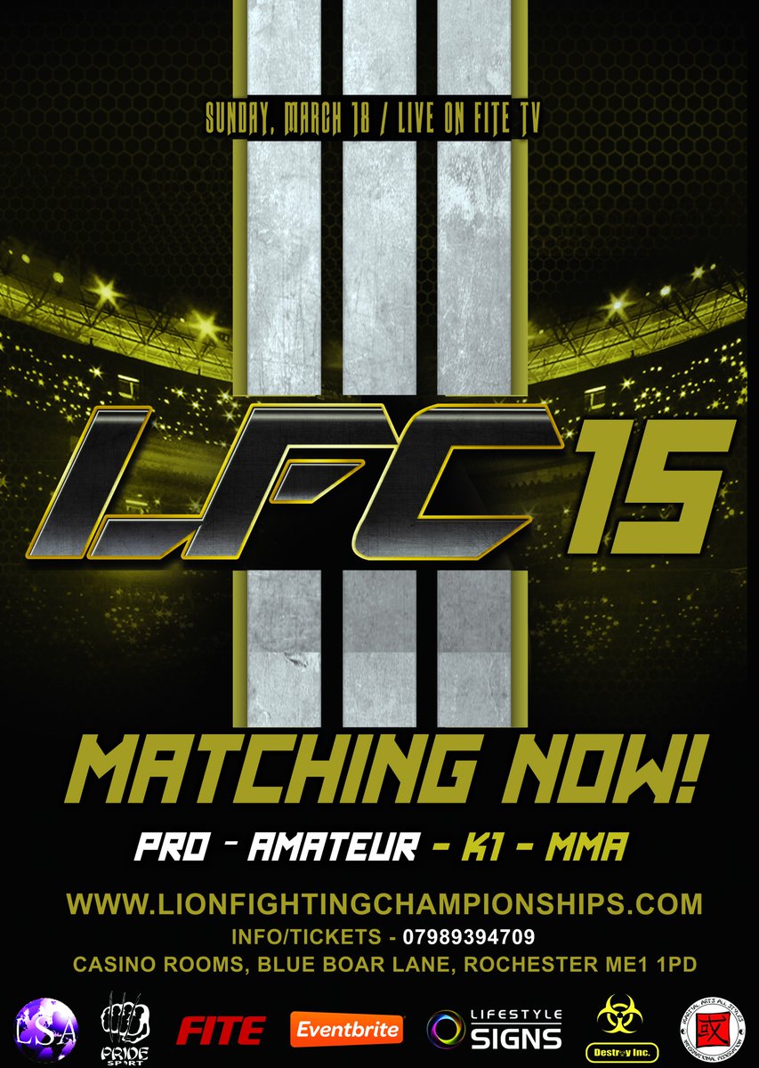 LionFightChamp's tweet photo. Matching well underway for #LFC15 on March 18th at @AaronPStone #Casinorooms in Kent. Coaches get us your fighters info if you wish to have them matched.
#mma #k1 #lionfightingchampionships #LFC15 #ukmma #GetInvolved https://t.co/SCn7eyiIdw