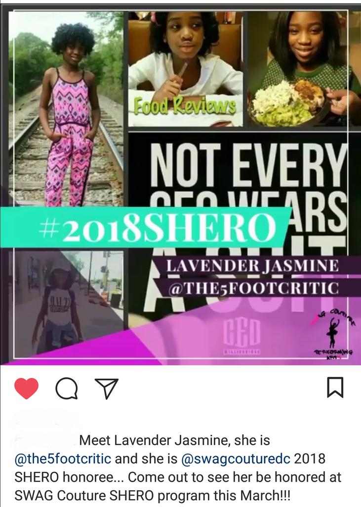 the5FootCritic's tweet photo. I'm so honored to be chosen by @swagcouturedc as a 2018 Shero!

Thank you so much. 
Head on over to their page to get ticket info

#the5FootCritic #LavysLife #BlackGirlMagic #BlackBusinessOwner  #theCriticIsComing #KidsHaveDreamsToo #love #kidpreneur  #RealLifeLavy  #girlBoss https://t.co/7nc3Ik6TOO