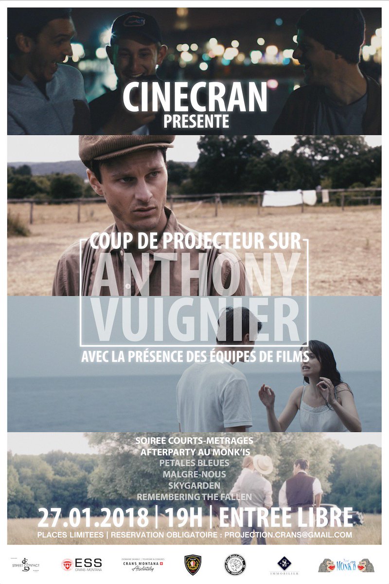 Samedi 27 janvier à Crans-Montana dès 19h. Projection de quatre courts-métrages dans lesquels je joue. Réservez vos places, nom(s) - prénom(s) à projection.crans@gmail.com ! Entrée gratuite.