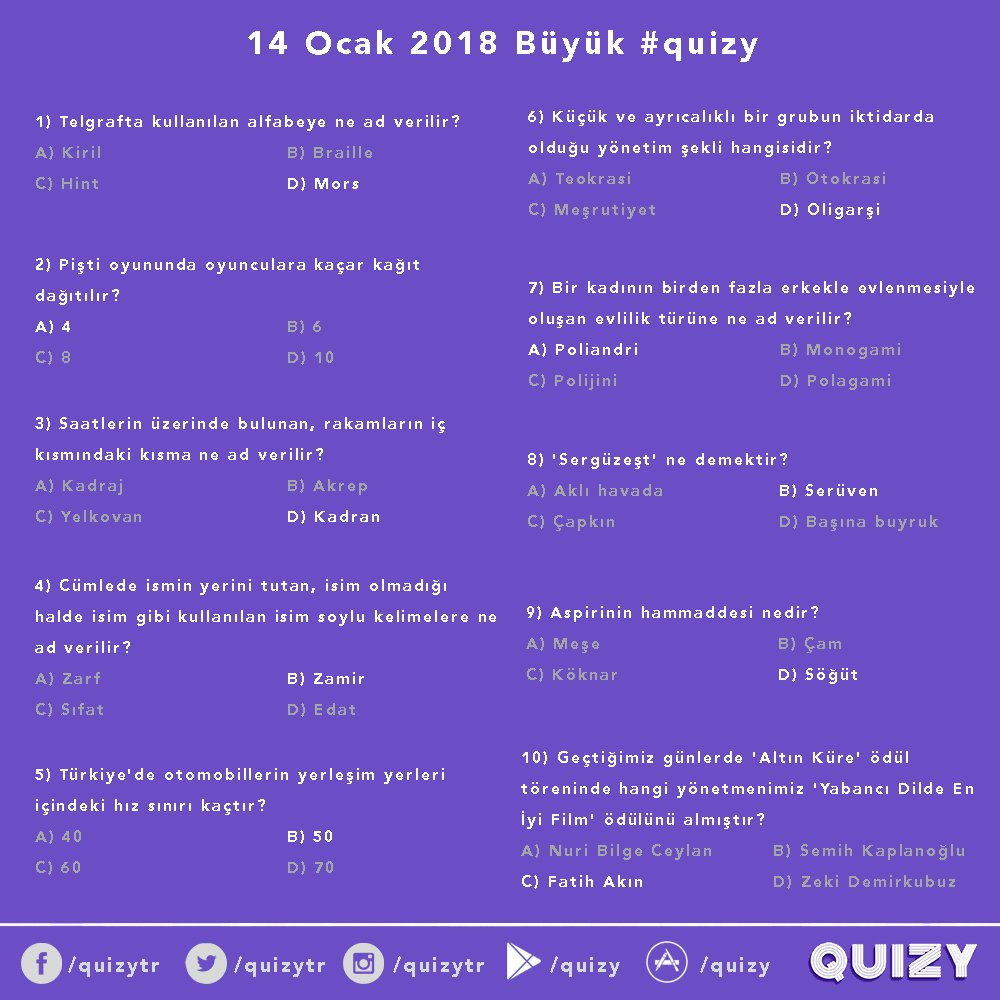 QuizyTr's tweet photo. 💸 💸 💸 14 Ocak 2018 Büyük #quizy 💸 💸 💸 https://t.co/KQFlliUWoE
